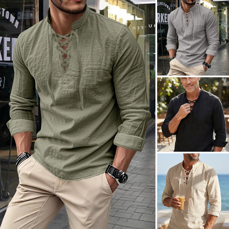 Camisa de Lino con Cuello Mao y Cordones