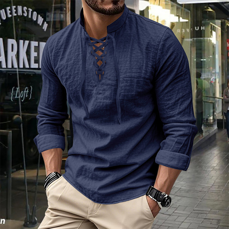 Camisa de Lino con Cuello Mao y Cordones