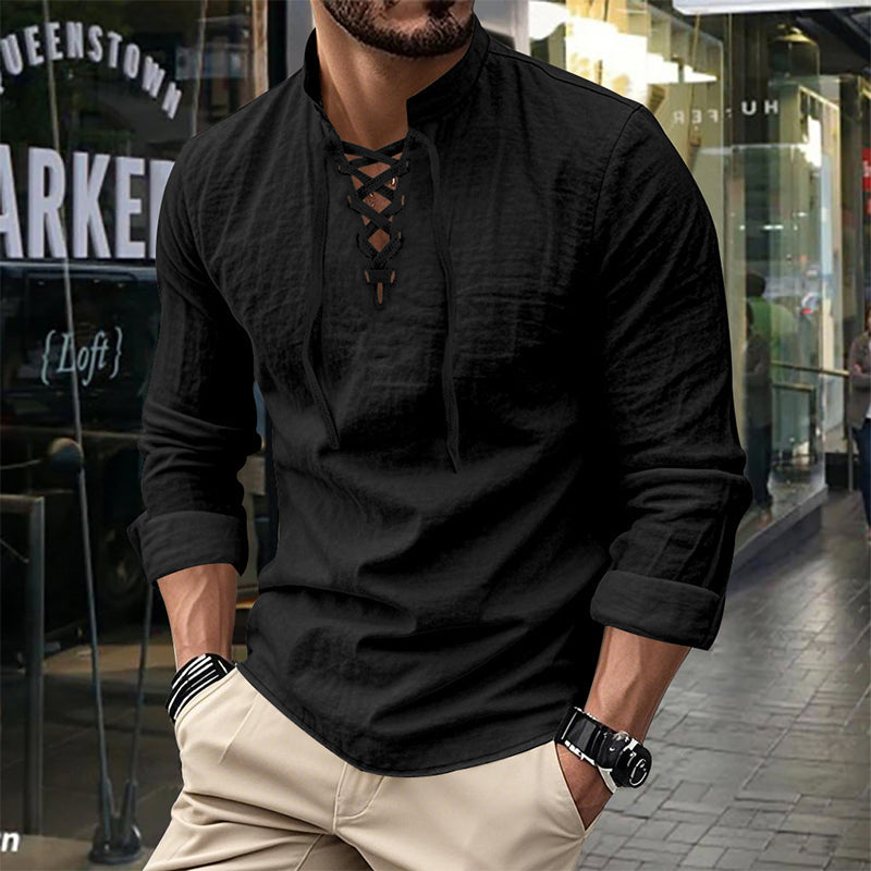 Camisa de Lino con Cuello Mao y Cordones