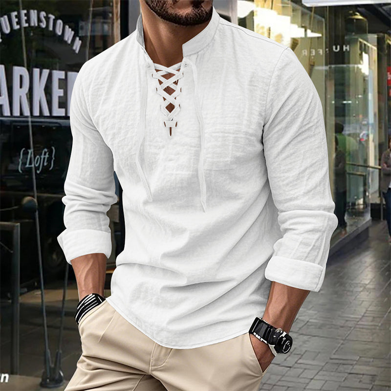Camisa de Lino con Cuello Mao y Cordones