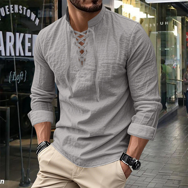 Camisa de Lino con Cuello Mao y Cordones