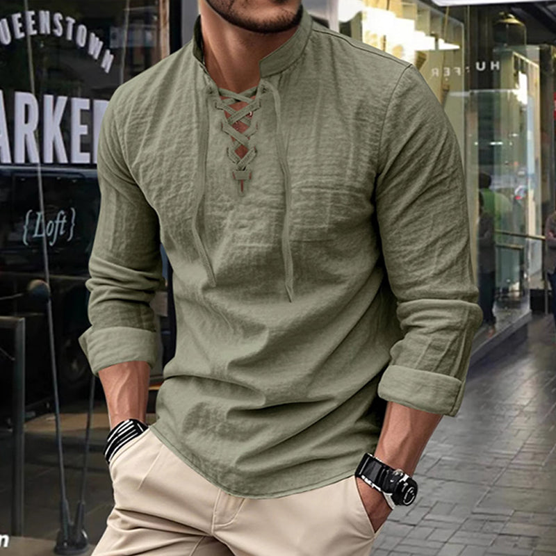Camisa de Lino con Cuello Mao y Cordones