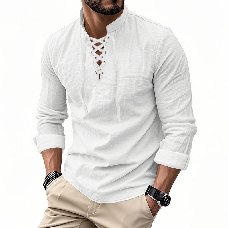 Camisa de Lino con Cuello Mao y Cordones