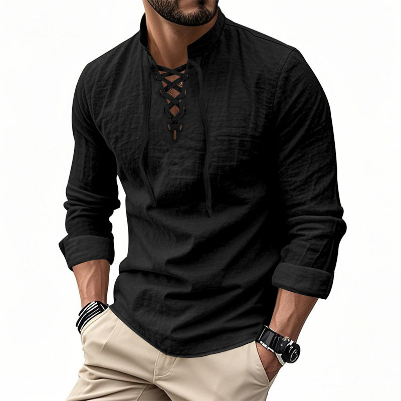 Camisa de Lino con Cuello Mao y Cordones