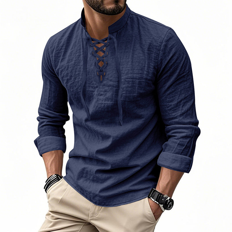 Camisa de Lino con Cuello Mao y Cordones