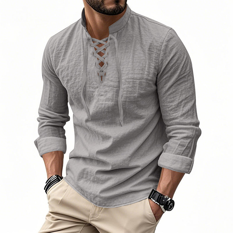 Camisa de Lino con Cuello Mao y Cordones