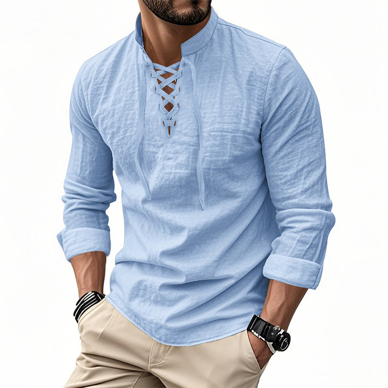 Camisa de Lino con Cuello Mao y Cordones