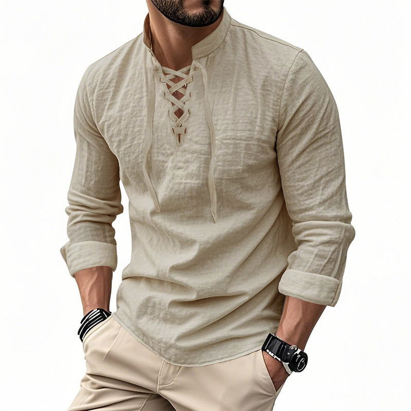 Camisa de Lino con Cuello Mao y Cordones