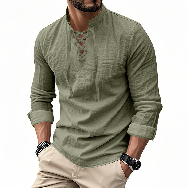 Camisa de Lino con Cuello Mao y Cordones