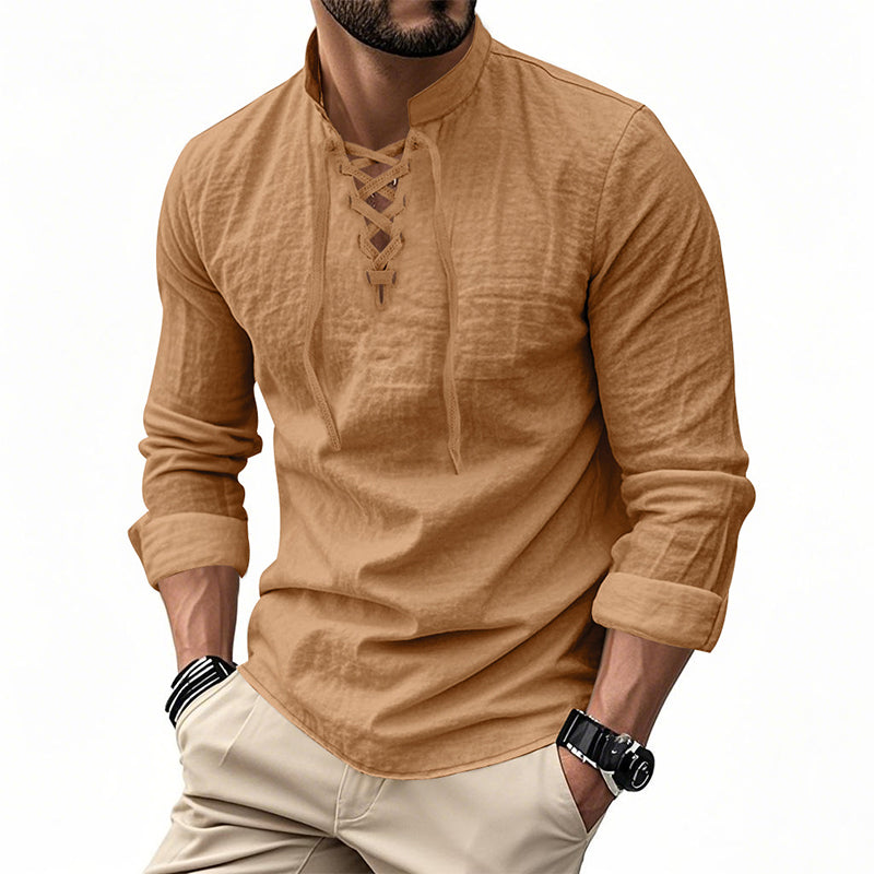Camisa de Lino con Cuello Mao y Cordones